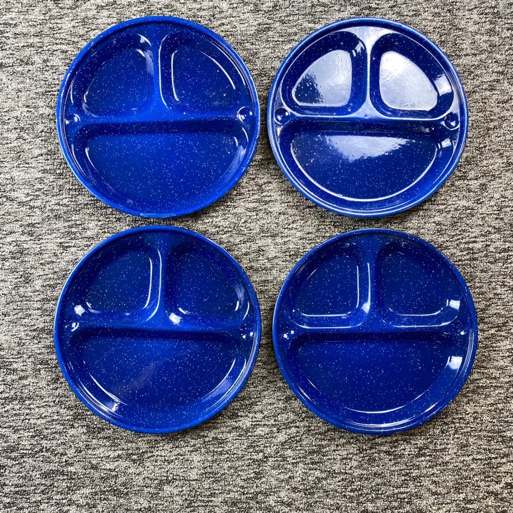 Blue Speckled Enamelware Divided Dinner Plates 11 Inch Set of 4 Camping